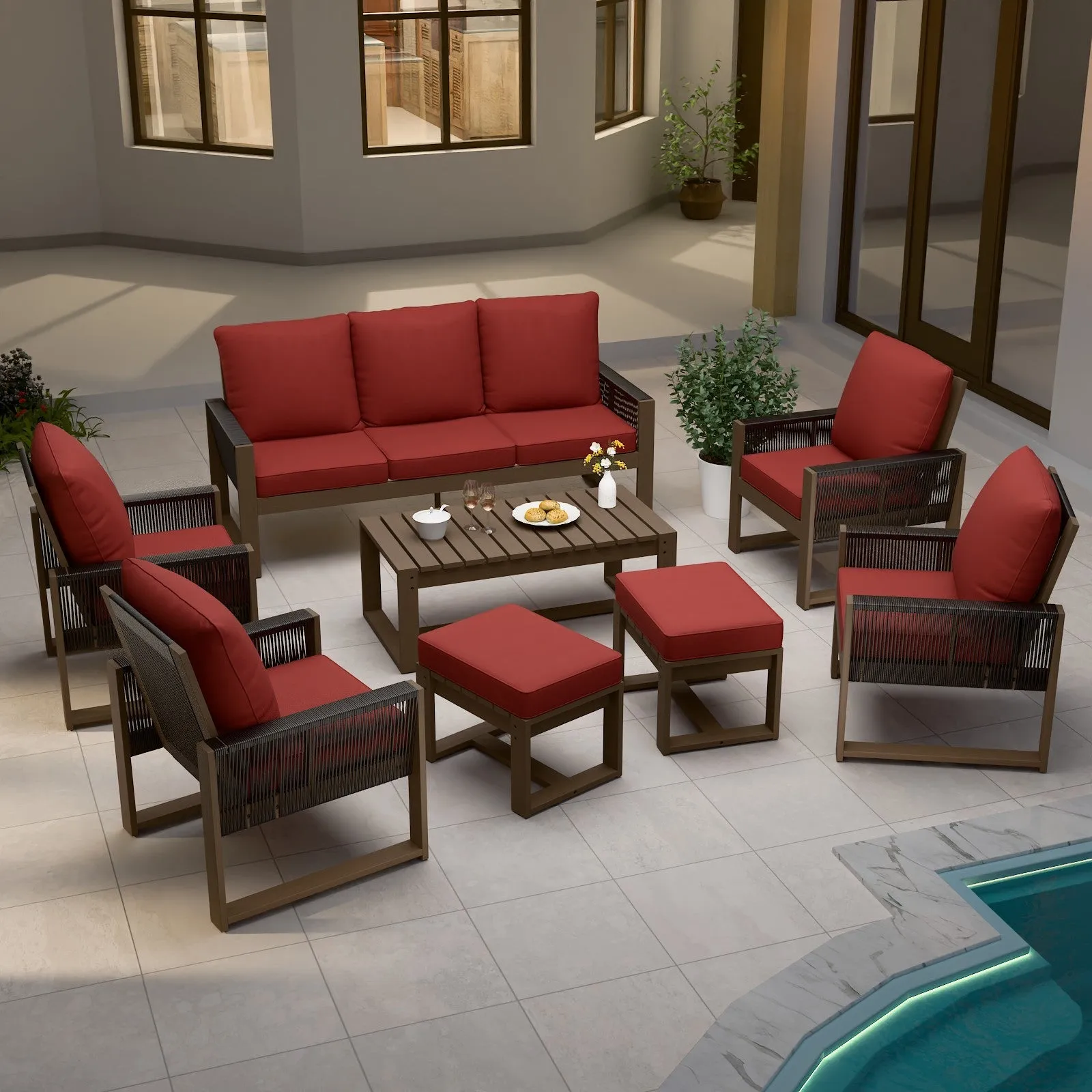 Natural Wood Outdoor Patio Furniture, Sofa 4 Patio Chairs 2 Ottomans and Coffee Table, 8 pcs