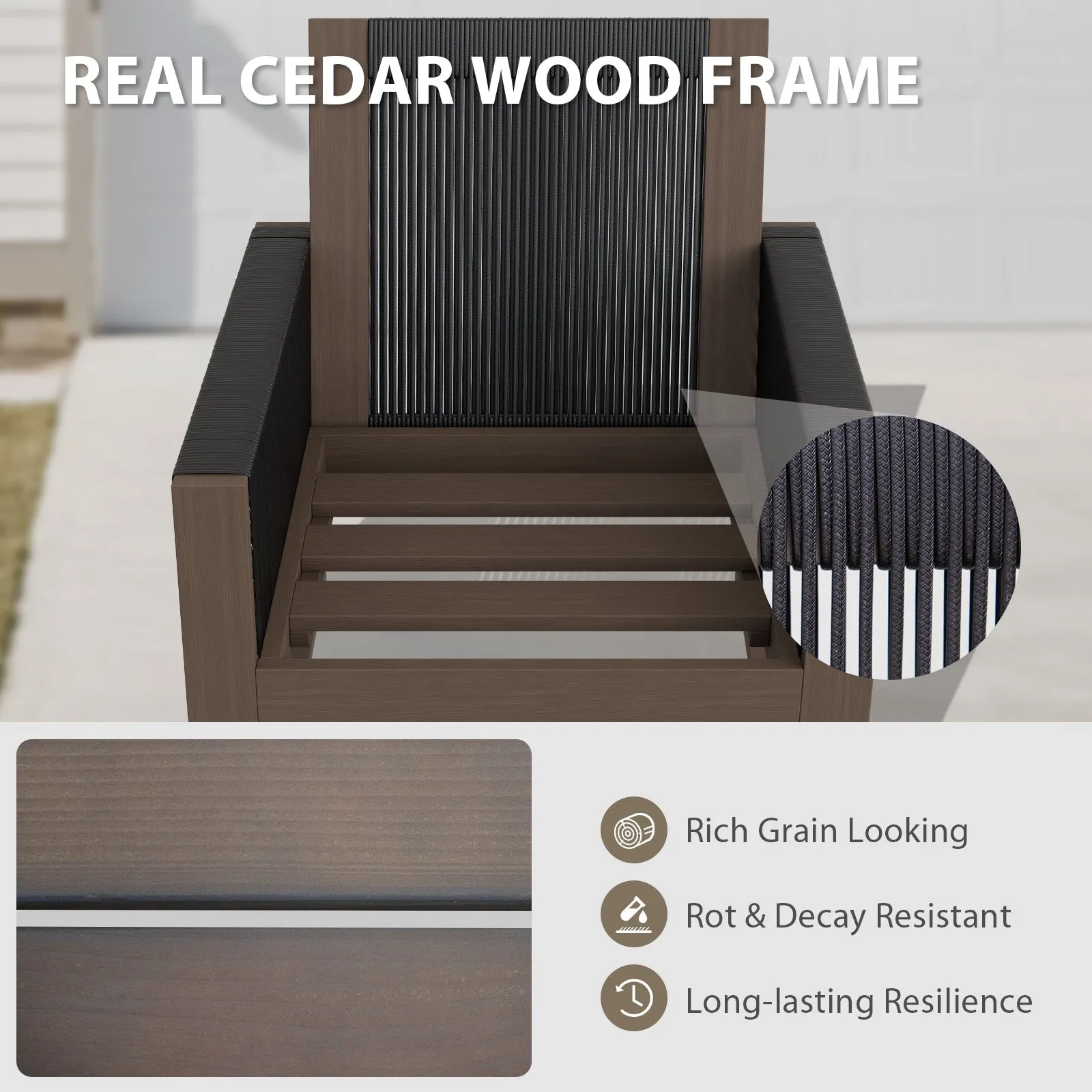 Natural Wood Outdoor Patio Furniture, Sofa 4 Patio Chairs 2 Ottomans and Coffee Table, 8 pcs