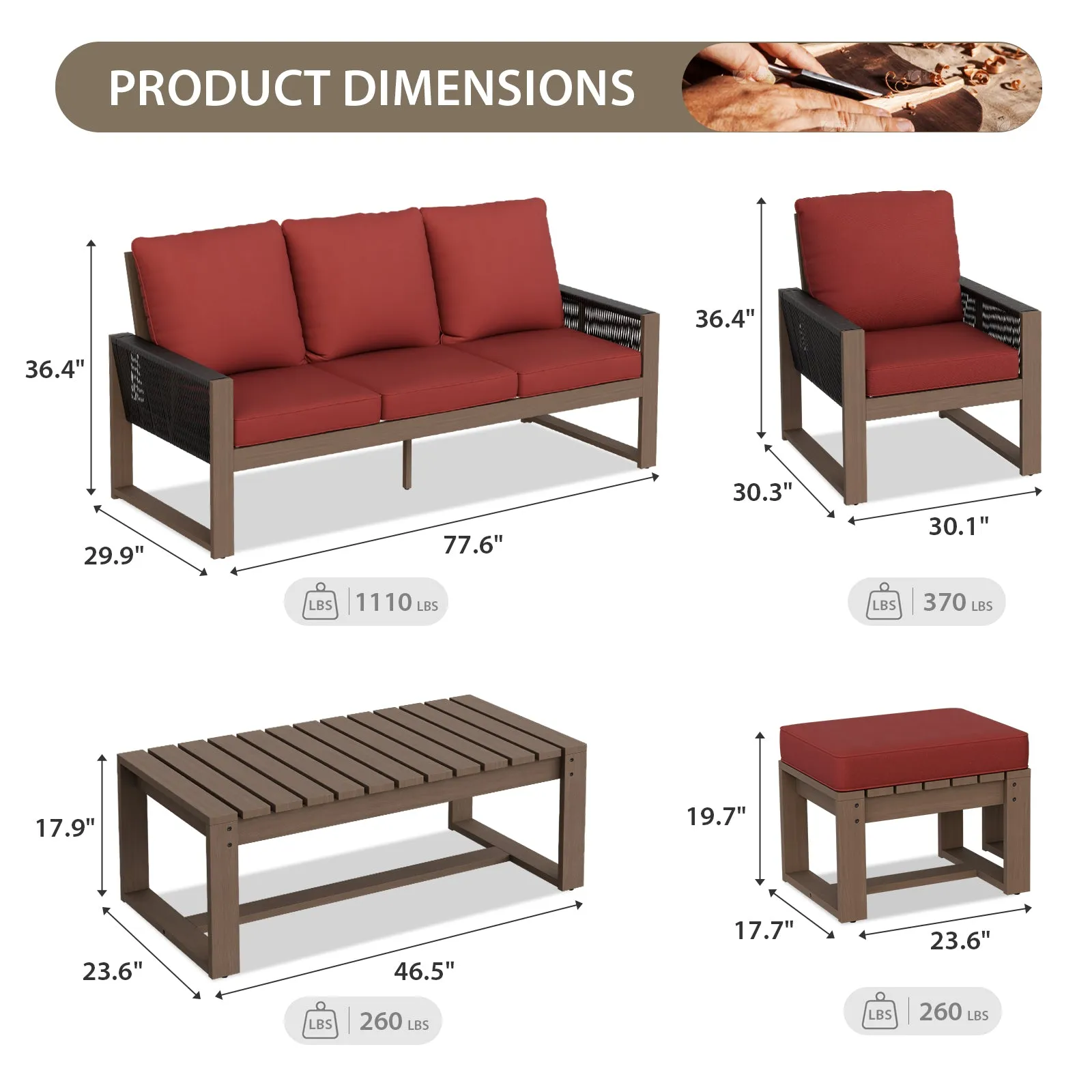 Natural Wood Outdoor Patio Furniture, Sofa 4 Patio Chairs 2 Ottomans and Coffee Table, 8 pcs