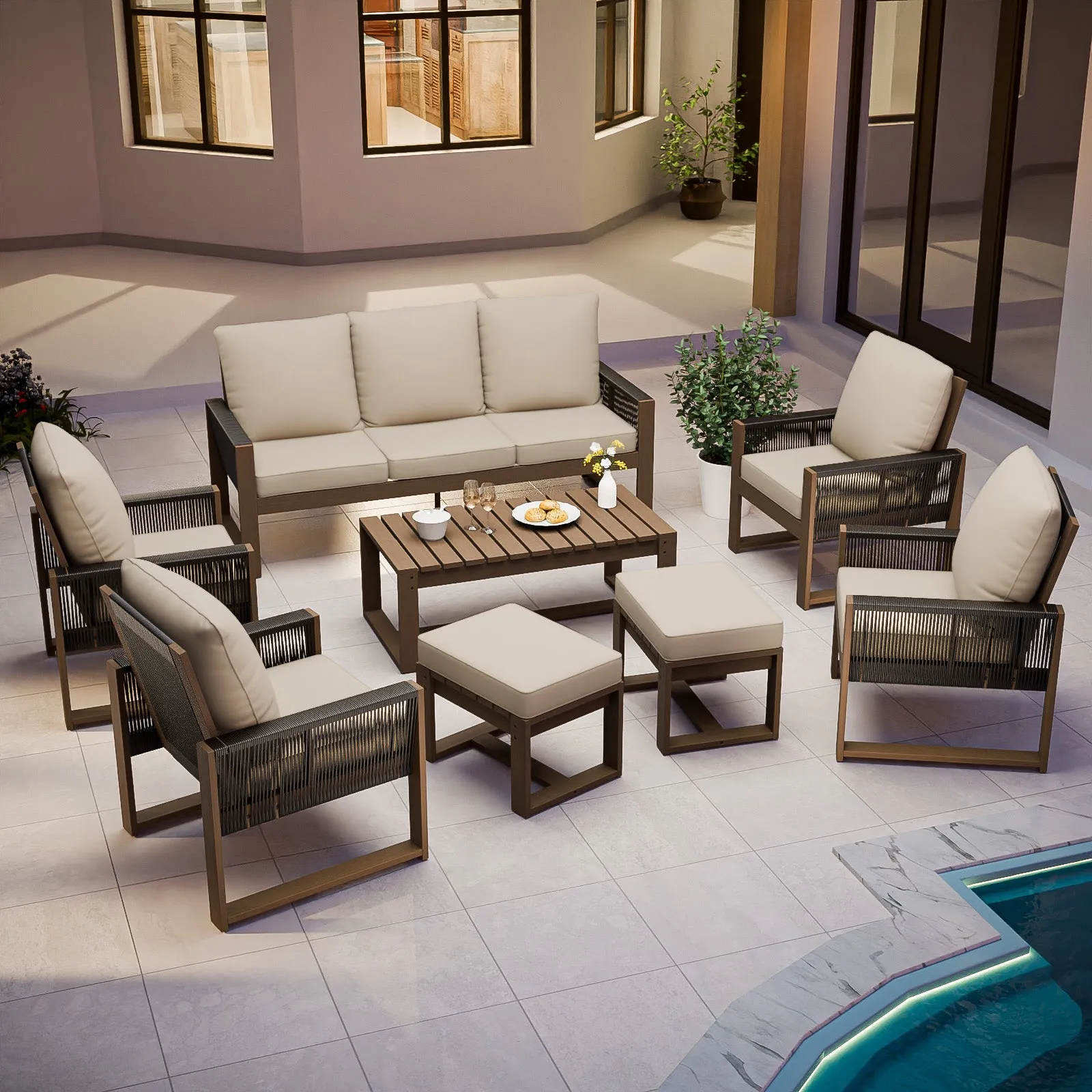 Natural Wood Outdoor Patio Furniture, Sofa 4 Patio Chairs 2 Ottomans and Coffee Table, 8 pcs