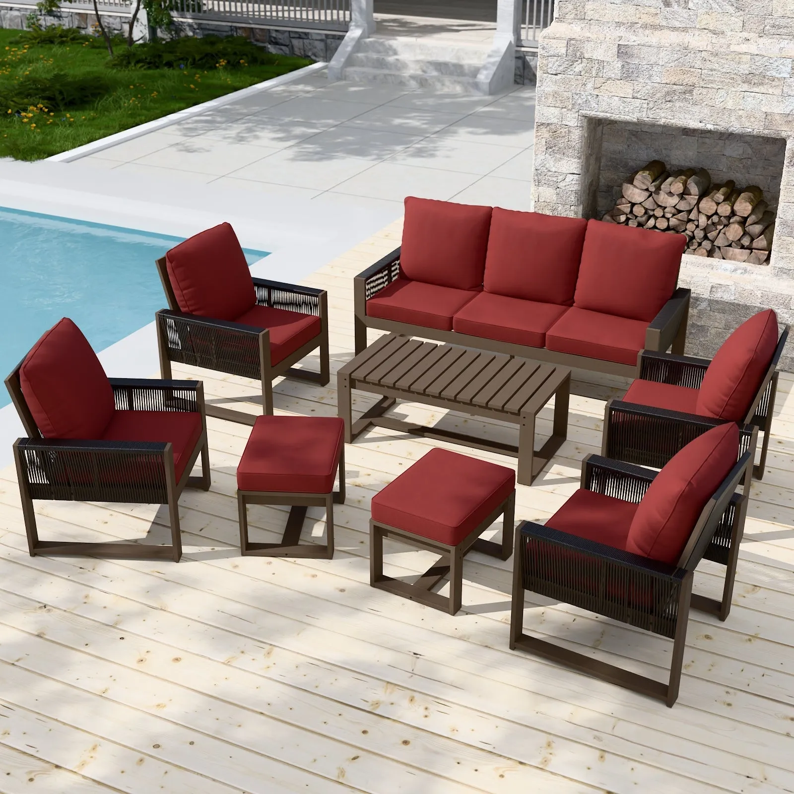 Natural Wood Outdoor Patio Furniture, Sofa 4 Patio Chairs 2 Ottomans and Coffee Table, 8 pcs