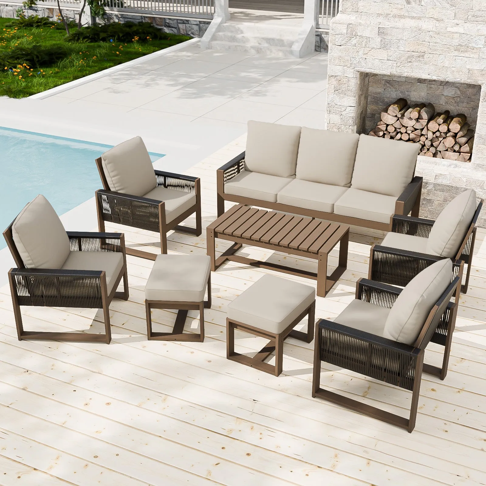 Natural Wood Outdoor Patio Furniture, Sofa 4 Patio Chairs 2 Ottomans and Coffee Table, 8 pcs