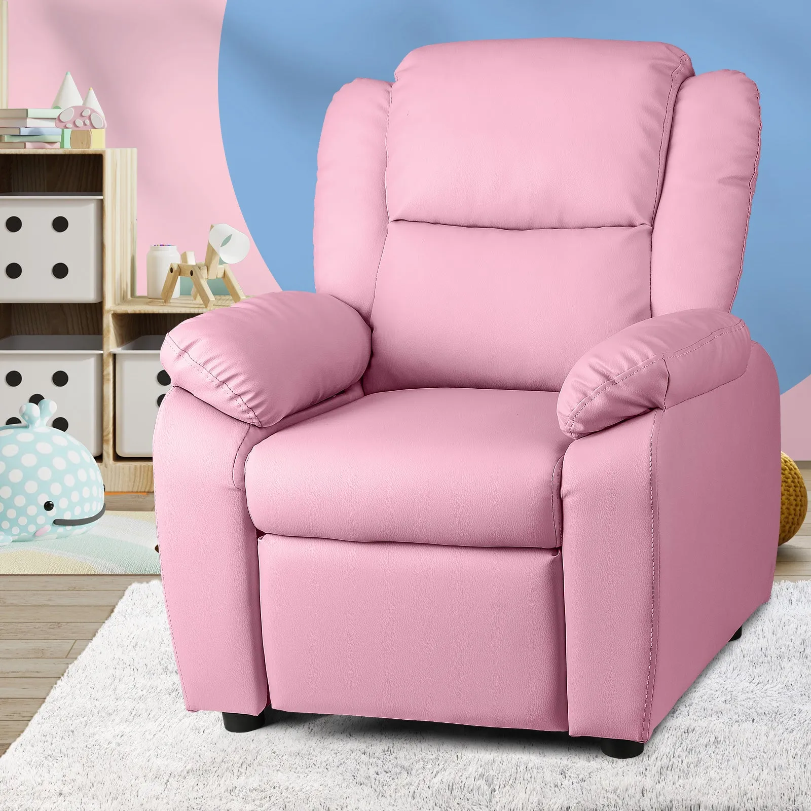 Oikiture Kids Recliner Chairs Children Lounge Sofa PU Armchair Storage Pink