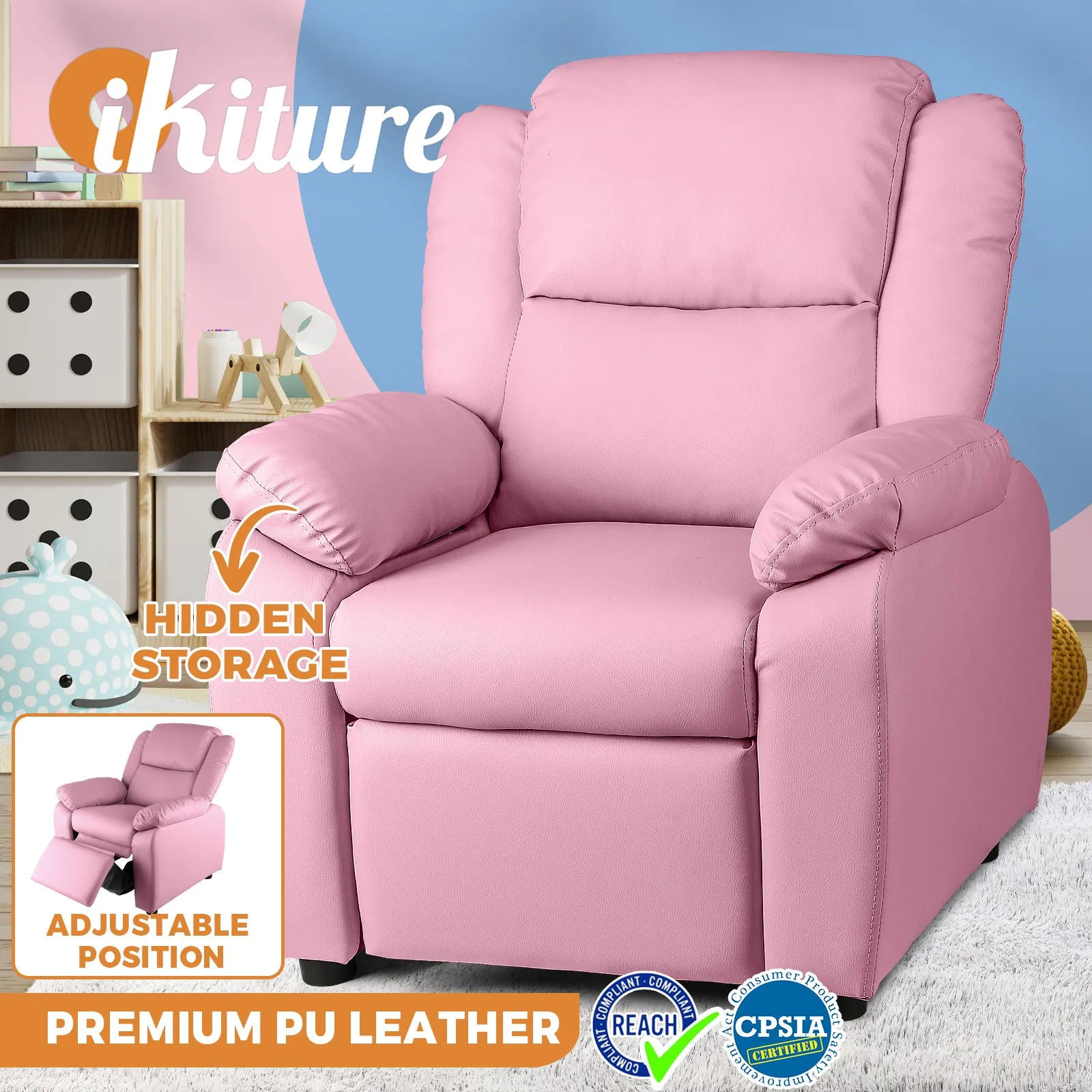 Oikiture Kids Recliner Chairs Children Lounge Sofa PU Armchair Storage Pink
