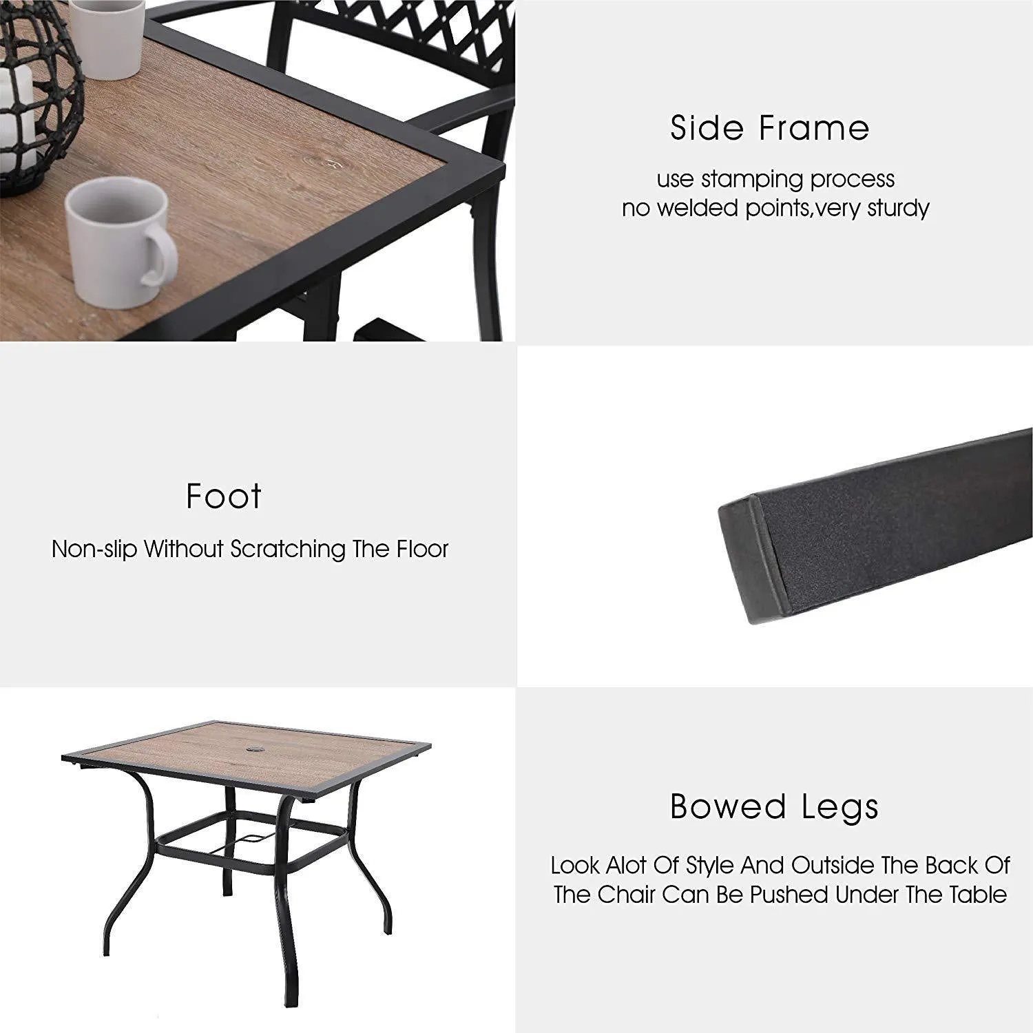 Phi Villa 5-Piece Patio Dining Set Wood-Look Table and 4 Rattan Chairs with Cushions