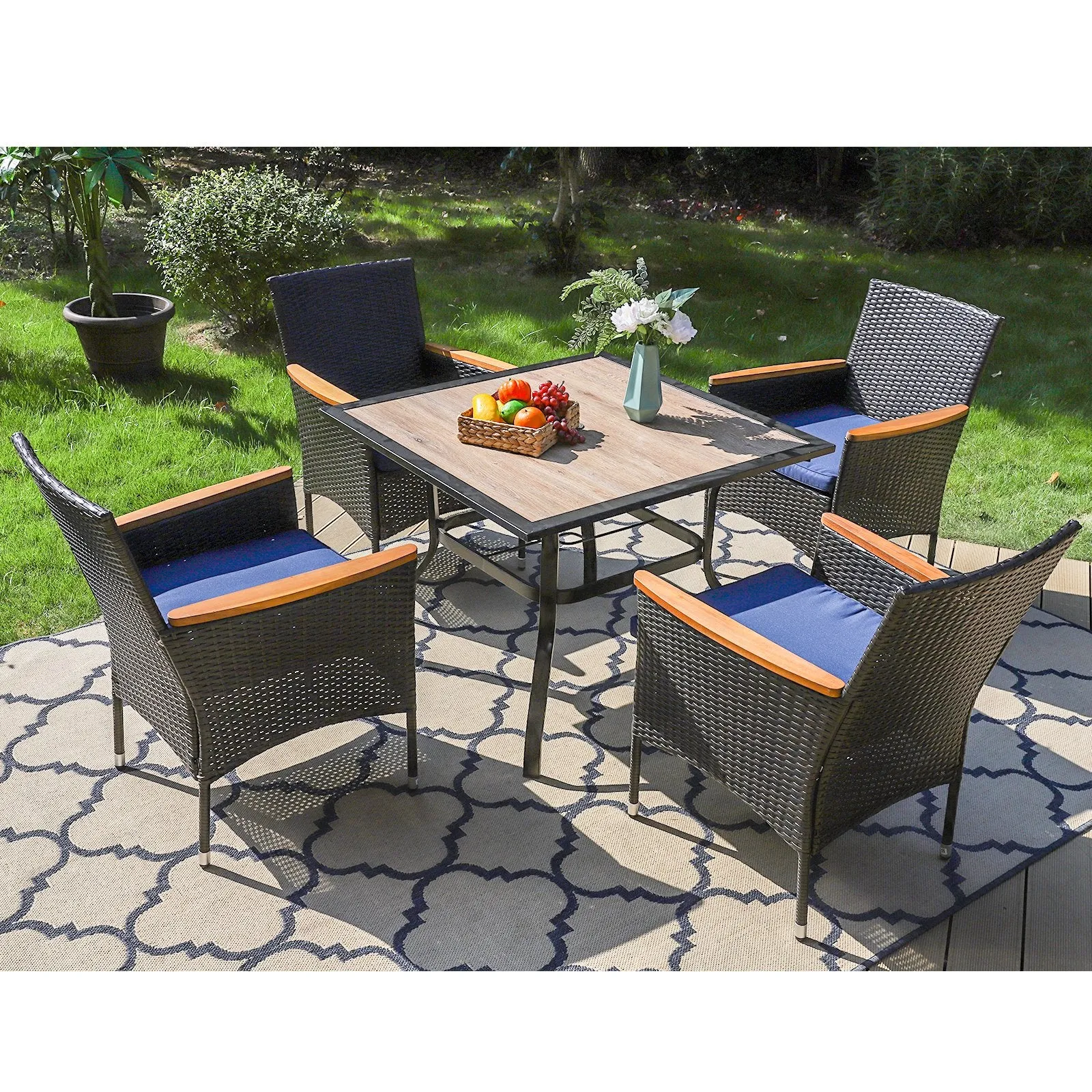 Phi Villa 5-Piece Patio Dining Set Wood-Look Table and 4 Rattan Chairs with Cushions